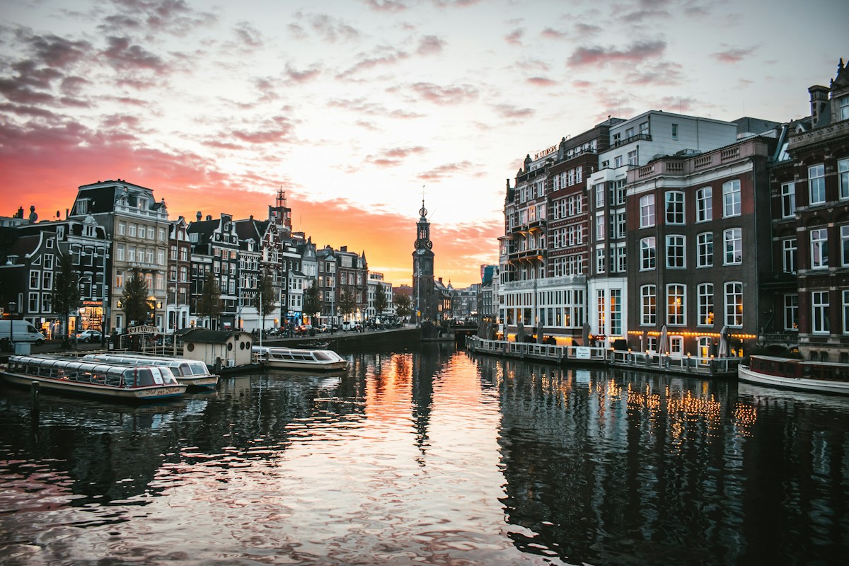 Historic Amsterdam canal and waterfront buildings