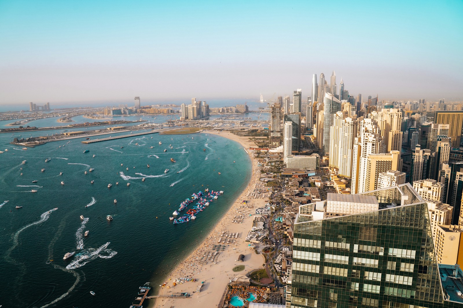Dubai coastline and Jumeirah Beach Residence on a sunny day