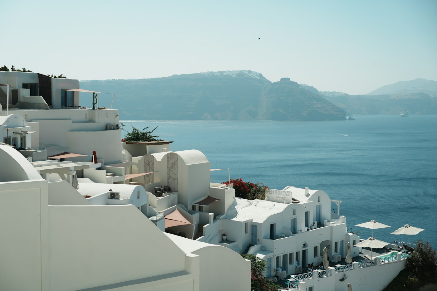 White Mediterranean buildings overlooking the blue sea