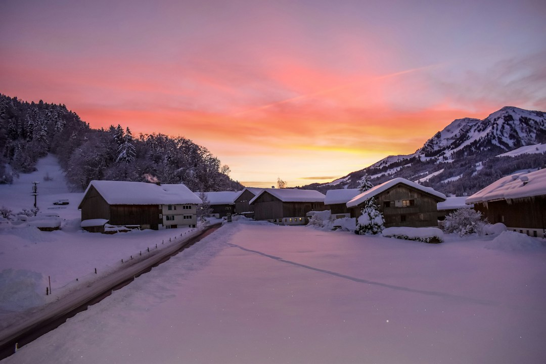 Snow-covered Alpine houses and trees representing a quiet Austrian ski village