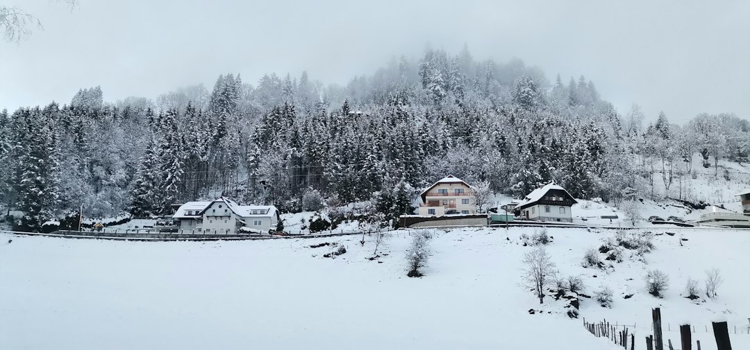 Snowy mountain village landscape in Slovenia