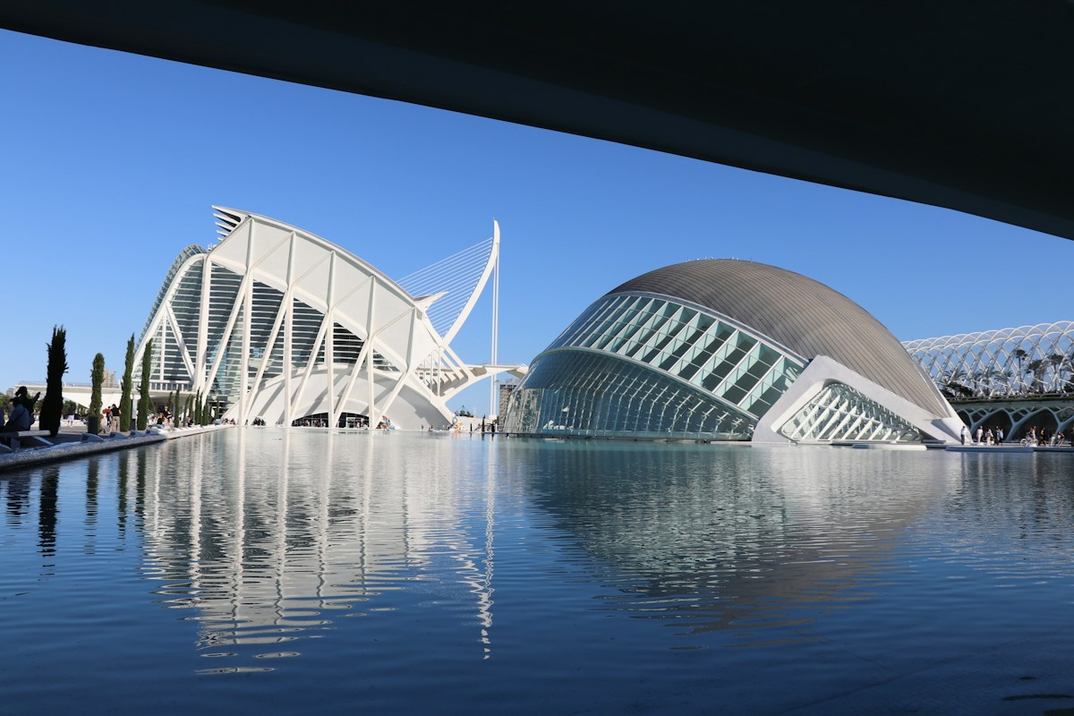 Valencia City of Arts and Sciences reflected in blue pools